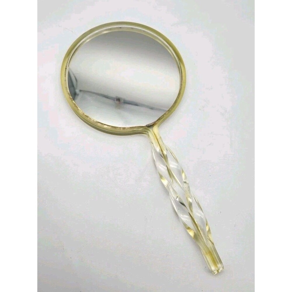 Vintage Vanity Handheld Mirror Clear Lucite/Acrylic Double-Sided Twisted Handle